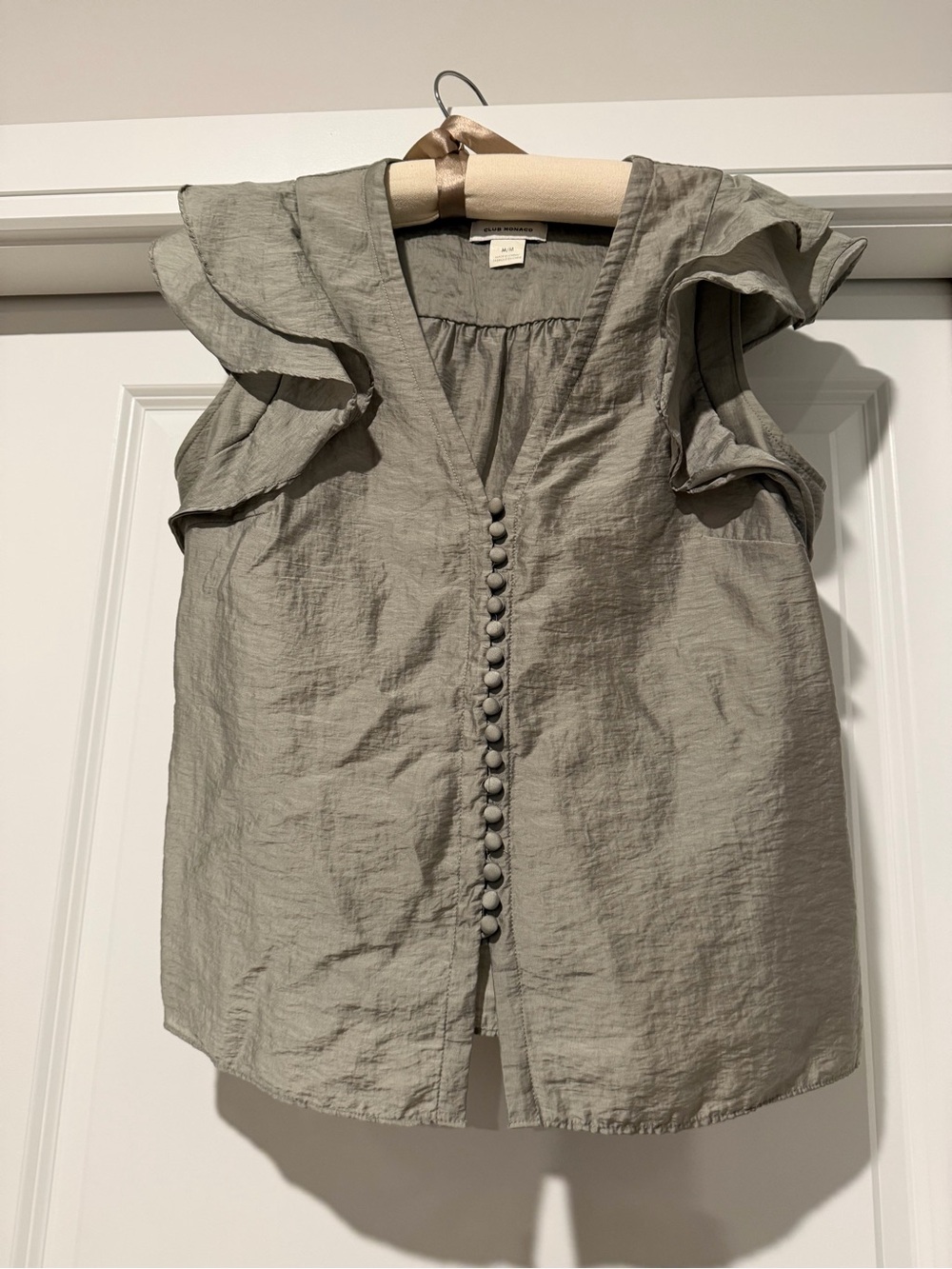 Club Monaco Sage Green Ruffle-Sleeve Button Front Top